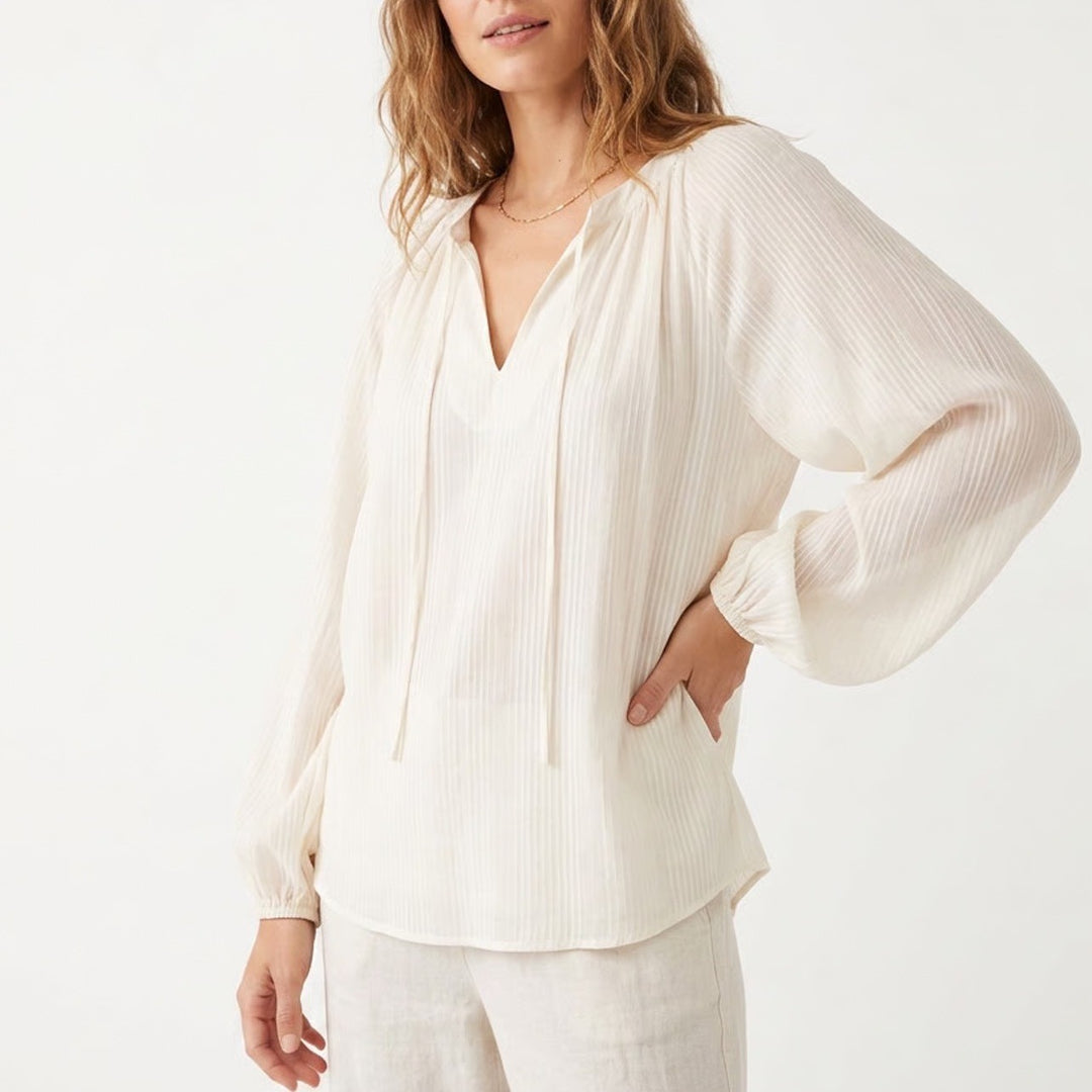 Blouse Womens 2XL Ivory Satin Pleated Long Sleeve Slid Split Split-Neck Pullover