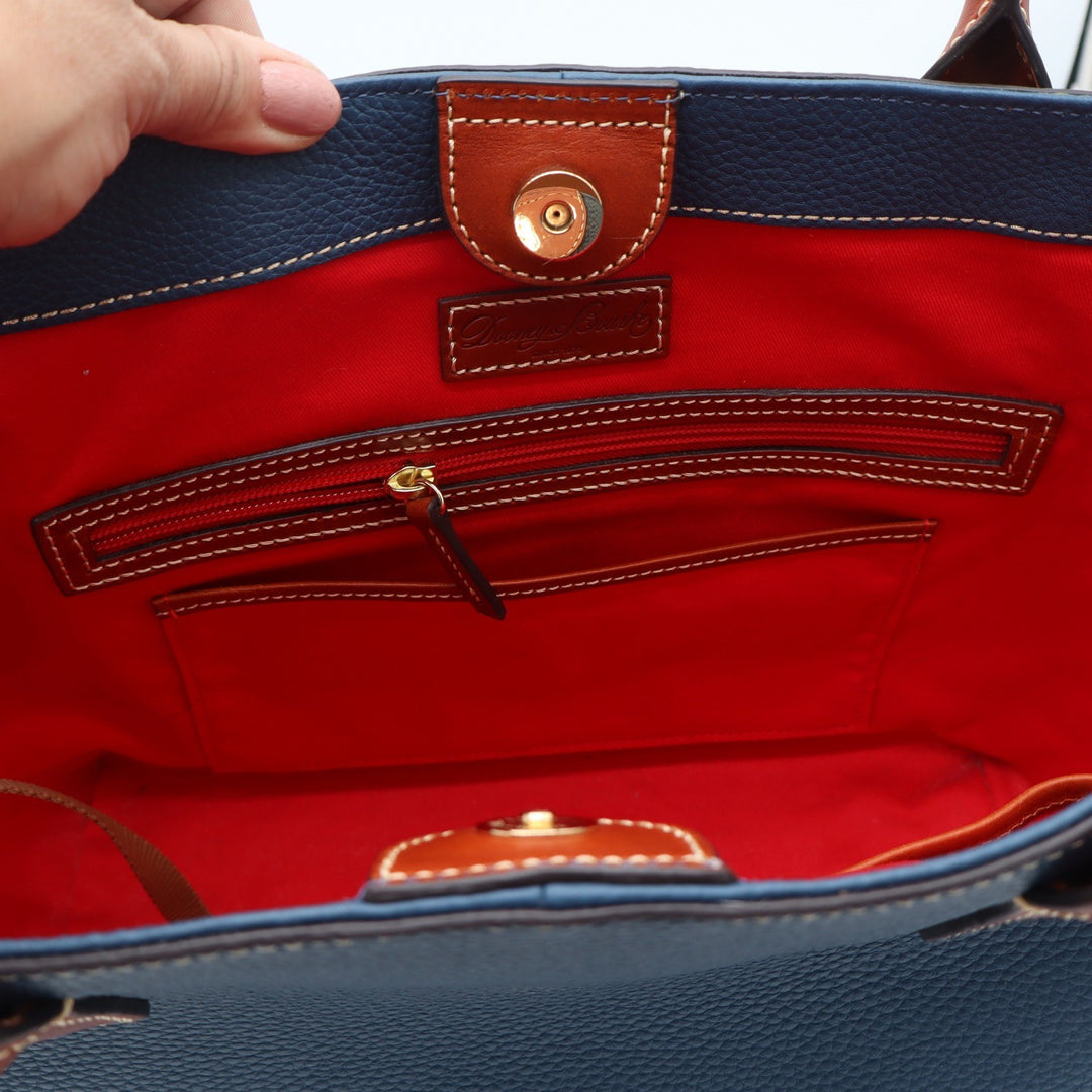 Dooney & Bourke Navy Blue Pebbled Leather Tote Bag Tan Trim