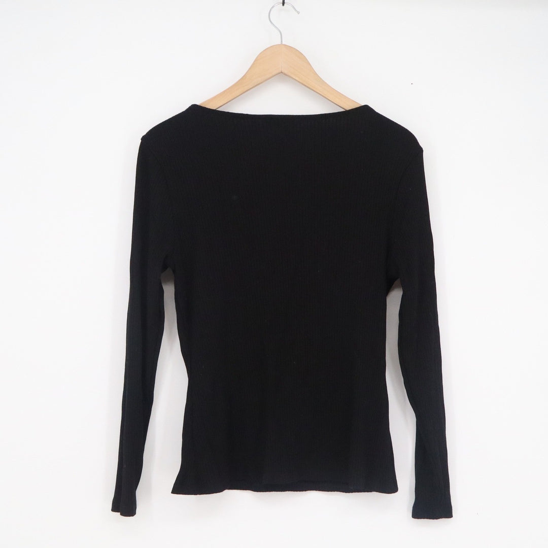 HM Womens Black Ribbed Deep V-Neck Long Sleeve Top Large