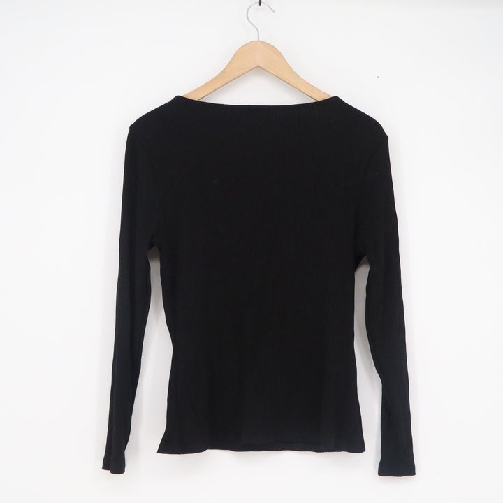 HM Womens Black Ribbed Deep V-Neck Long Sleeve Top Large