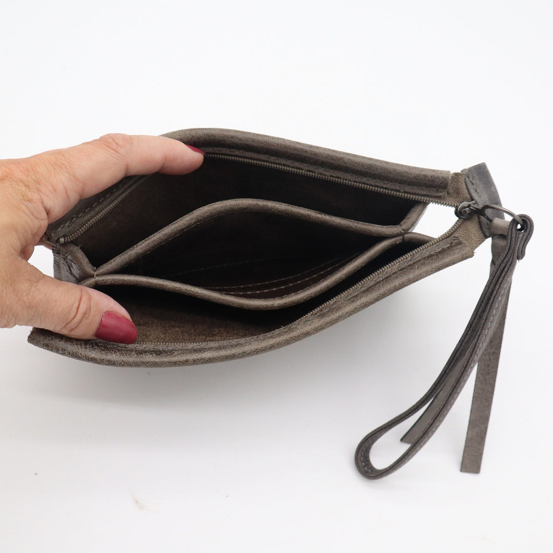 Rough & Tumble Maine Distressed Leather Wristlet Clutch Bag Taupe