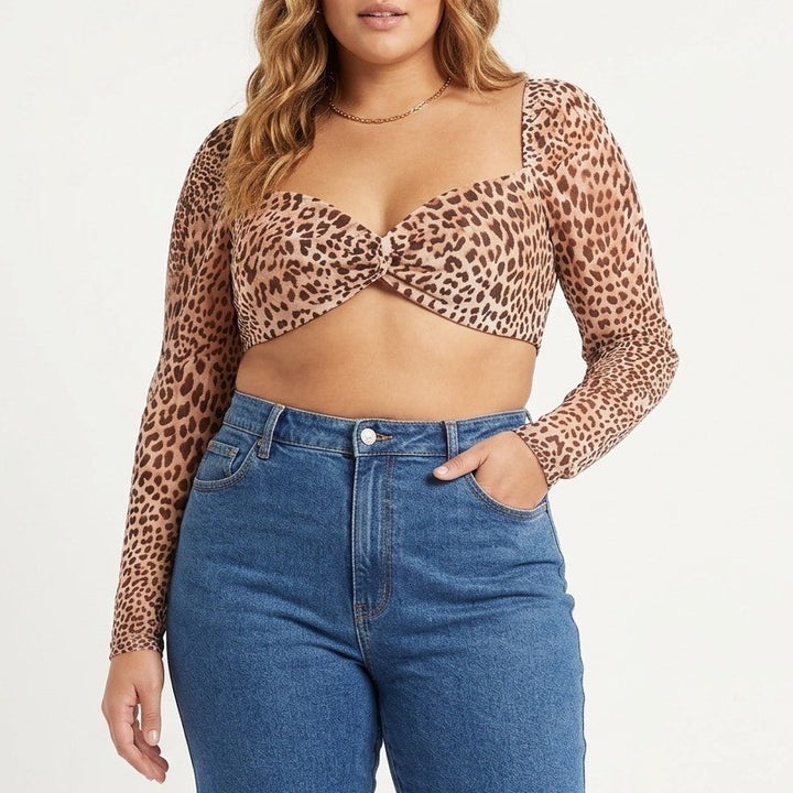 Naked Wardrobe Leopard Print Long Sleeve Crop Top XL Square Neck Smocked