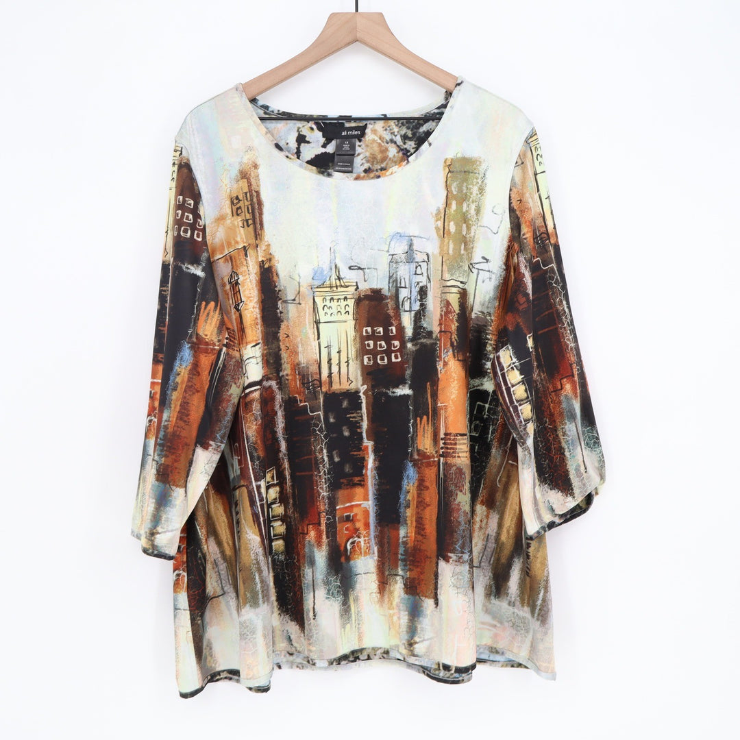 Ali Miles Top Womens 1X Cityscape Skyline Print Multicolor 3/4 Sleeve Excellent