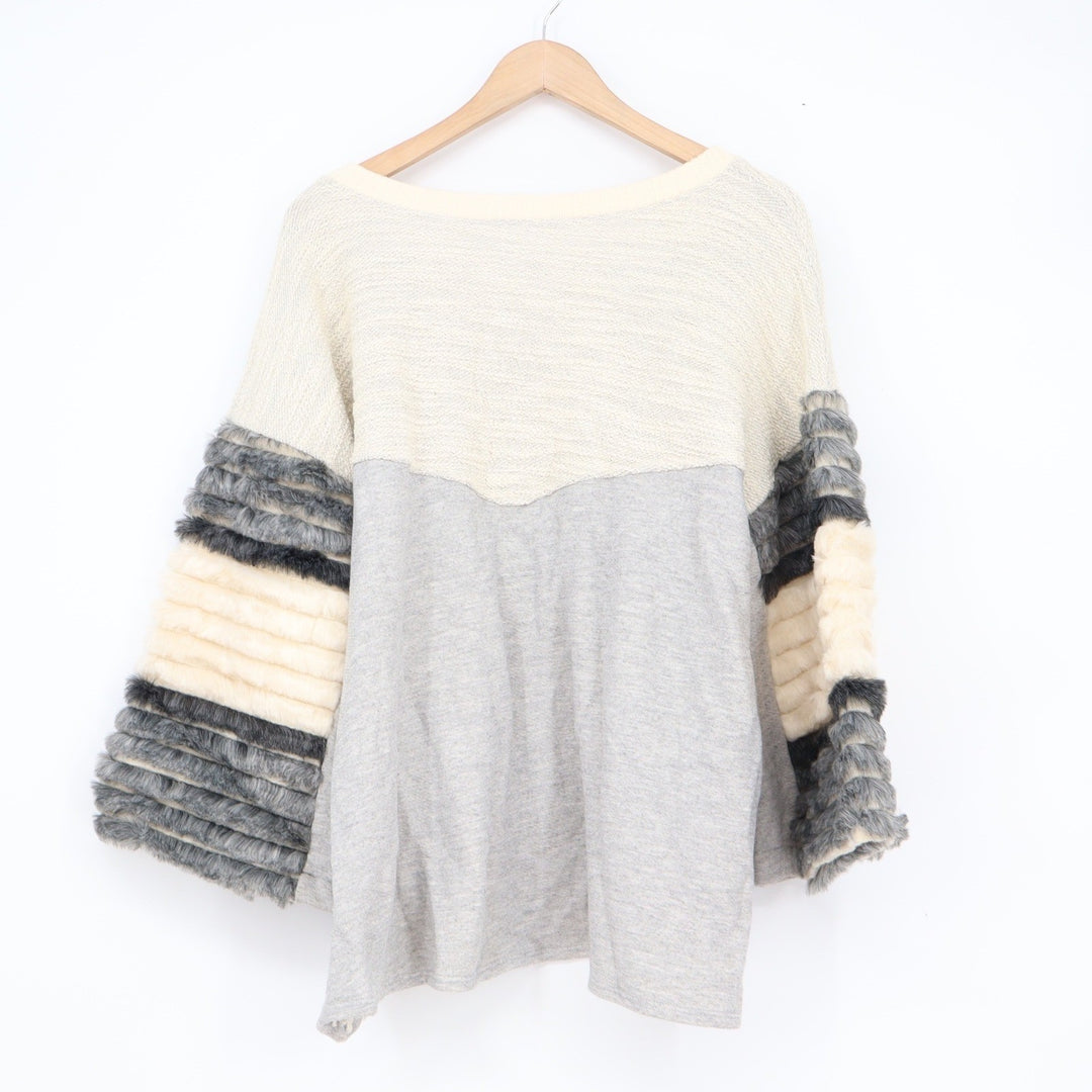 AMADI Grey Cream Colorblock Faux Fur Stripe Sleeve Pullover Top XL Made in USA