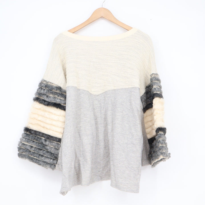 AMADI Grey Cream Colorblock Faux Fur Stripe Sleeve Pullover Top XL Made in USA