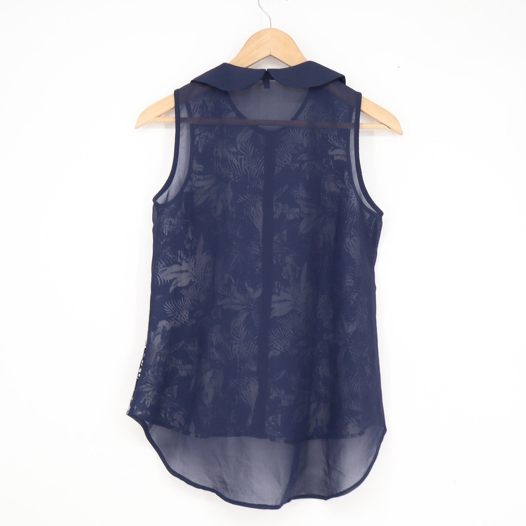 Nuon Womens Navy Tropical Leaf Print Sleeveless Peter Pan Collar Blouse Size M