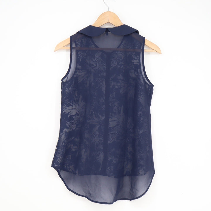 Nuon Womens Navy Tropical Leaf Print Sleeveless Peter Pan Collar Blouse Size M