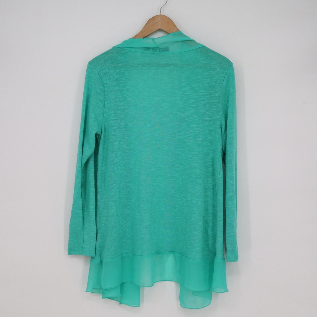 Metaphor Womens XL Teal Green Slub Knit Chiffon Trim Open Front Cardigan