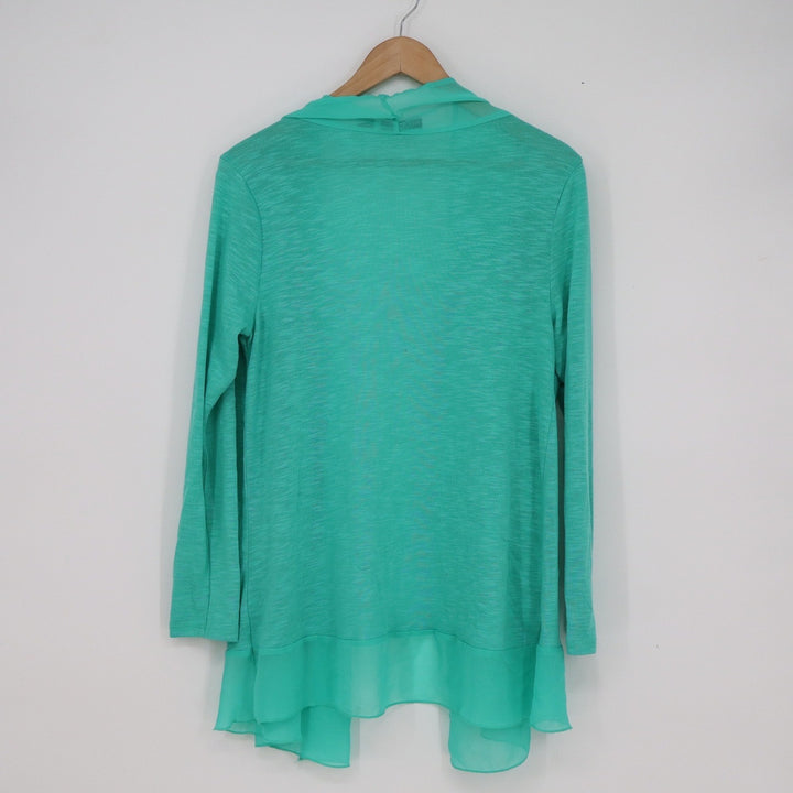 Metaphor Womens XL Teal Green Slub Knit Chiffon Trim Open Front Cardigan