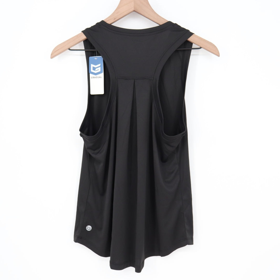 Gradual Tank Top Women's Medium Black Stretch Pleated Crew Neck Wide Straps