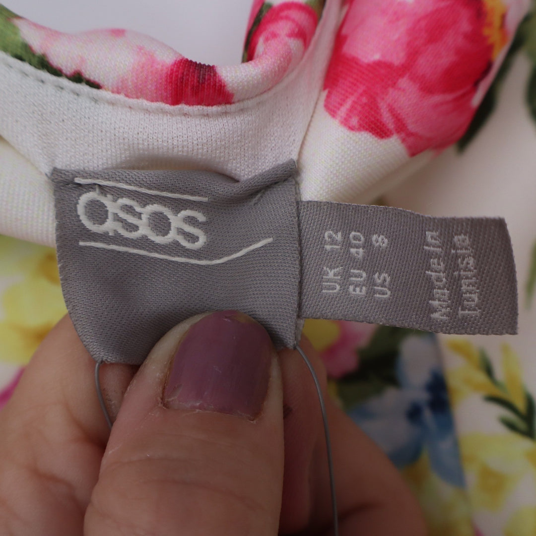 ASOS Floral Strapless Midi Dress Cream Pink Yellow Ruffle Wrap Size 8 NEW