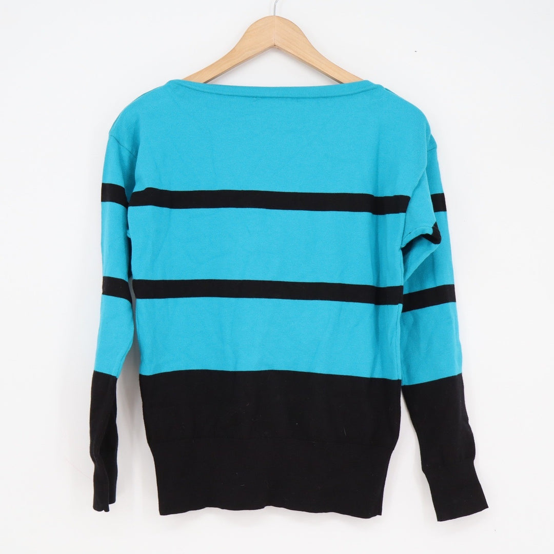 Lauren Ralph Lauren Striped Button Shoulder Sweater Turquoise Black Medium M
