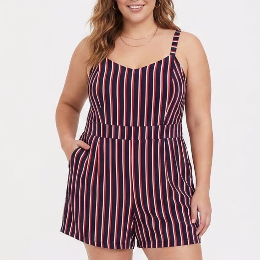 Torrid Womens Plus Size 2 Red White Blue Striped Smocked Back Romper