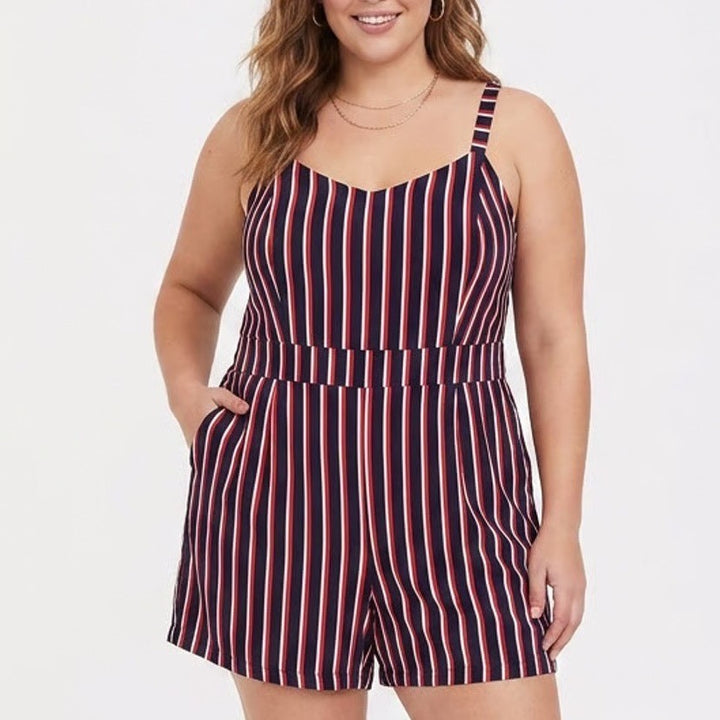 Torrid Womens Plus Size 2 Red White Blue Striped Smocked Back Romper