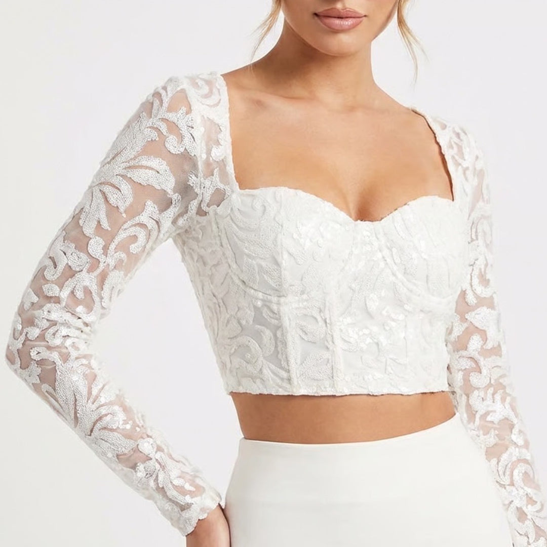 Naked Wardrobe The Statement White Sequin Lace Crop Top Small Long Sleeve