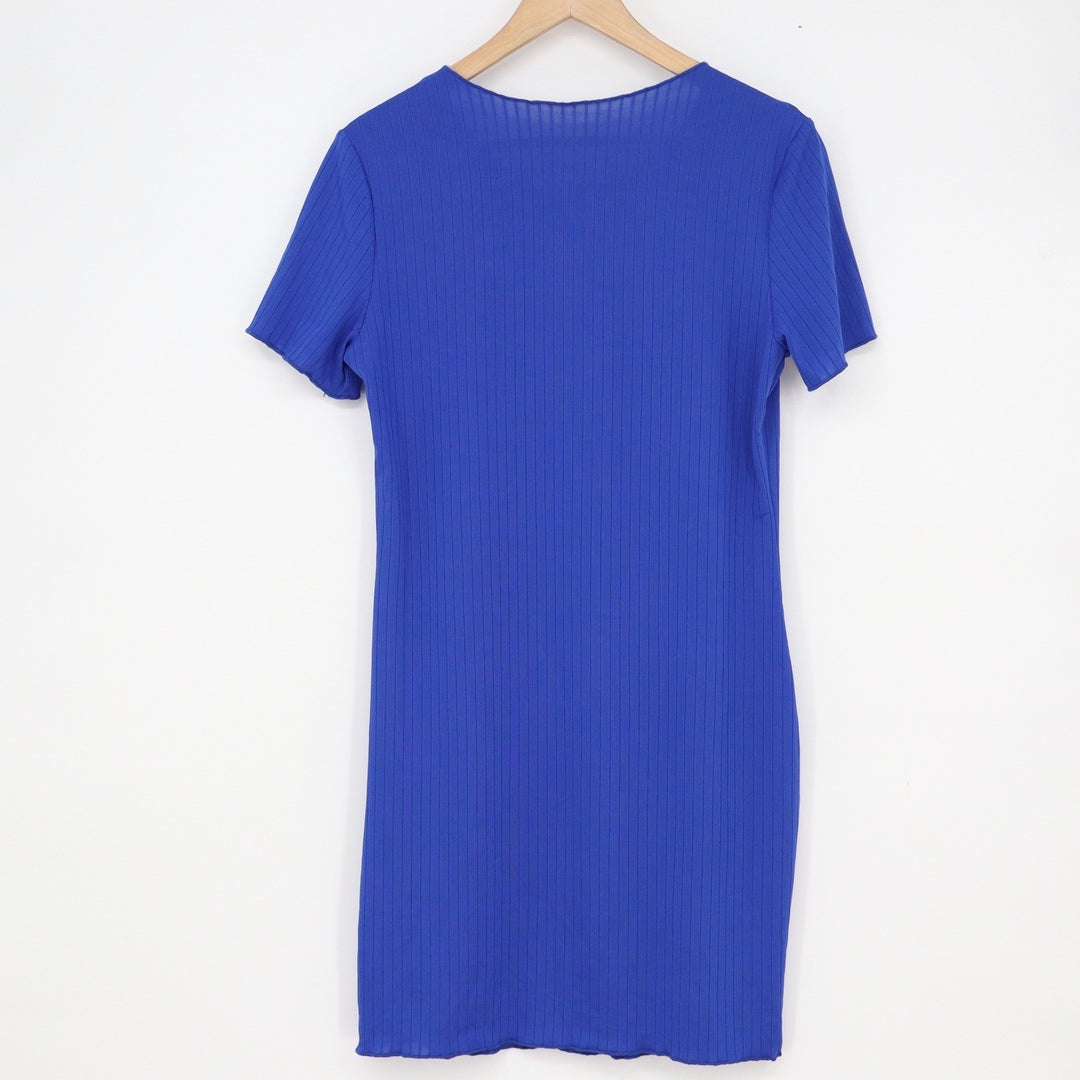 Royal Blue Ribbed Knit Short Sleeve T-Shirt Dress Crew Neck Size Large
