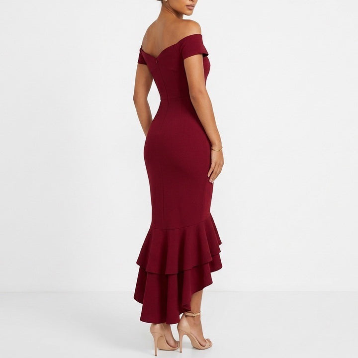 Lulus How Much I Care Maxi Dress Womens Small Red Off The Shoulder Peplum Hem
