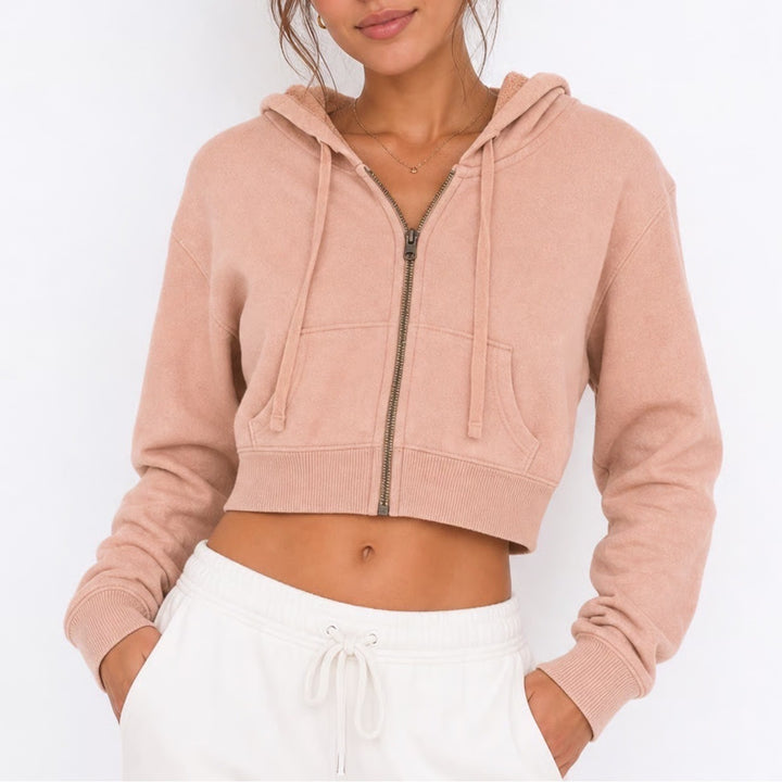 Aerie Womens Cropped Zip Up Hoodie Peach Tan Ribbed Hem XS