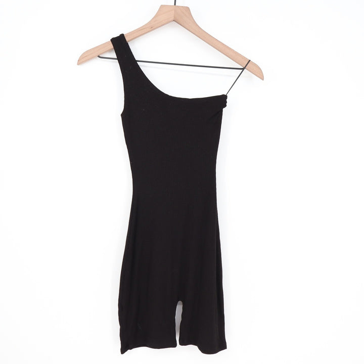 Naked Wardrobe Black Ribbed One Shoulder Romper XS
