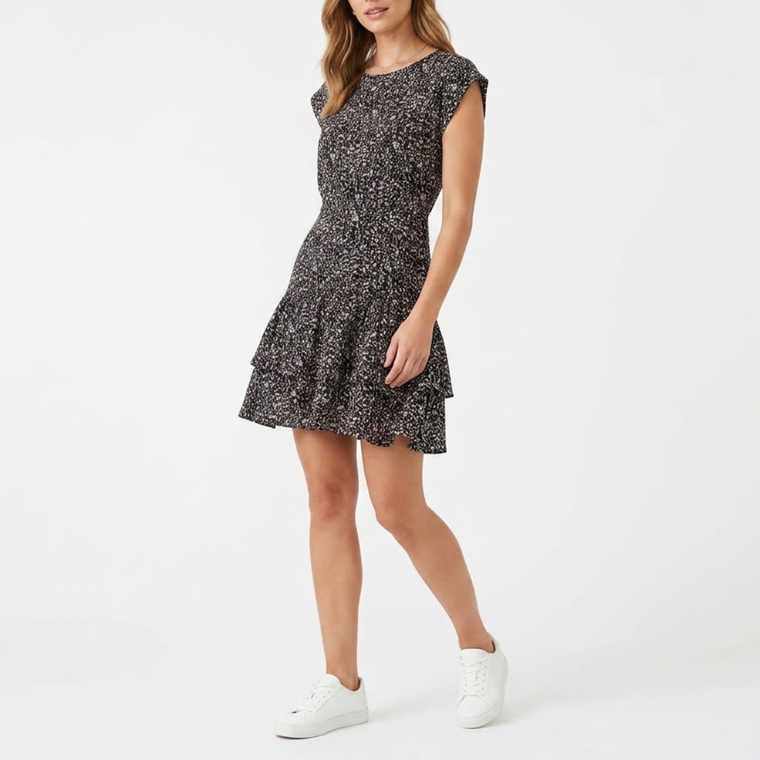 She + Sky Black Tan Abstract Print Tiered Ruffle Mini Dress Size M