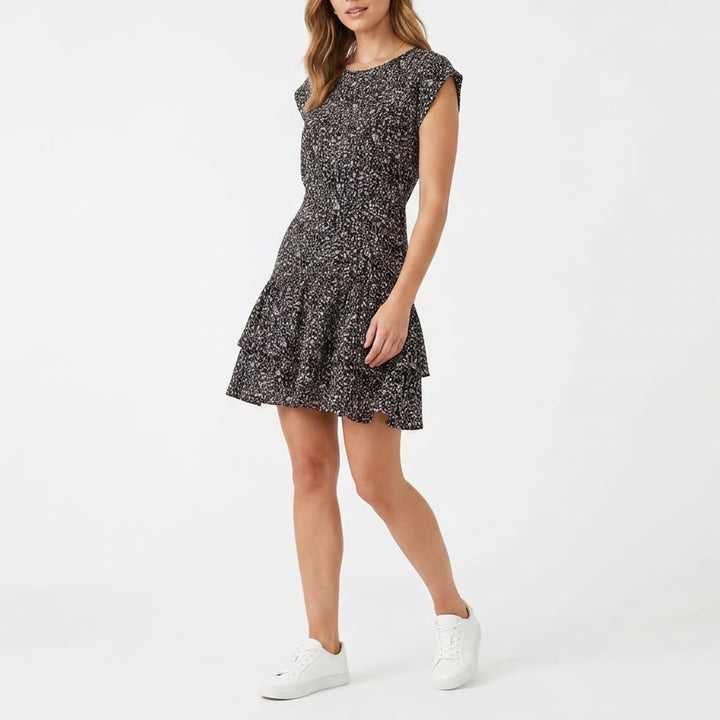 She + Sky Black Tan Abstract Print Tiered Ruffle Mini Dress Size M