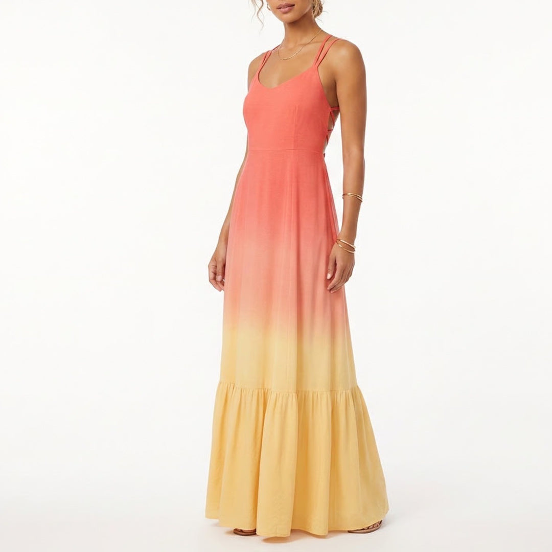 Torrid Coral Red Yellow Ombre Maxi Dress Tiered Ruffle Hem Sun Dress Size 0 L