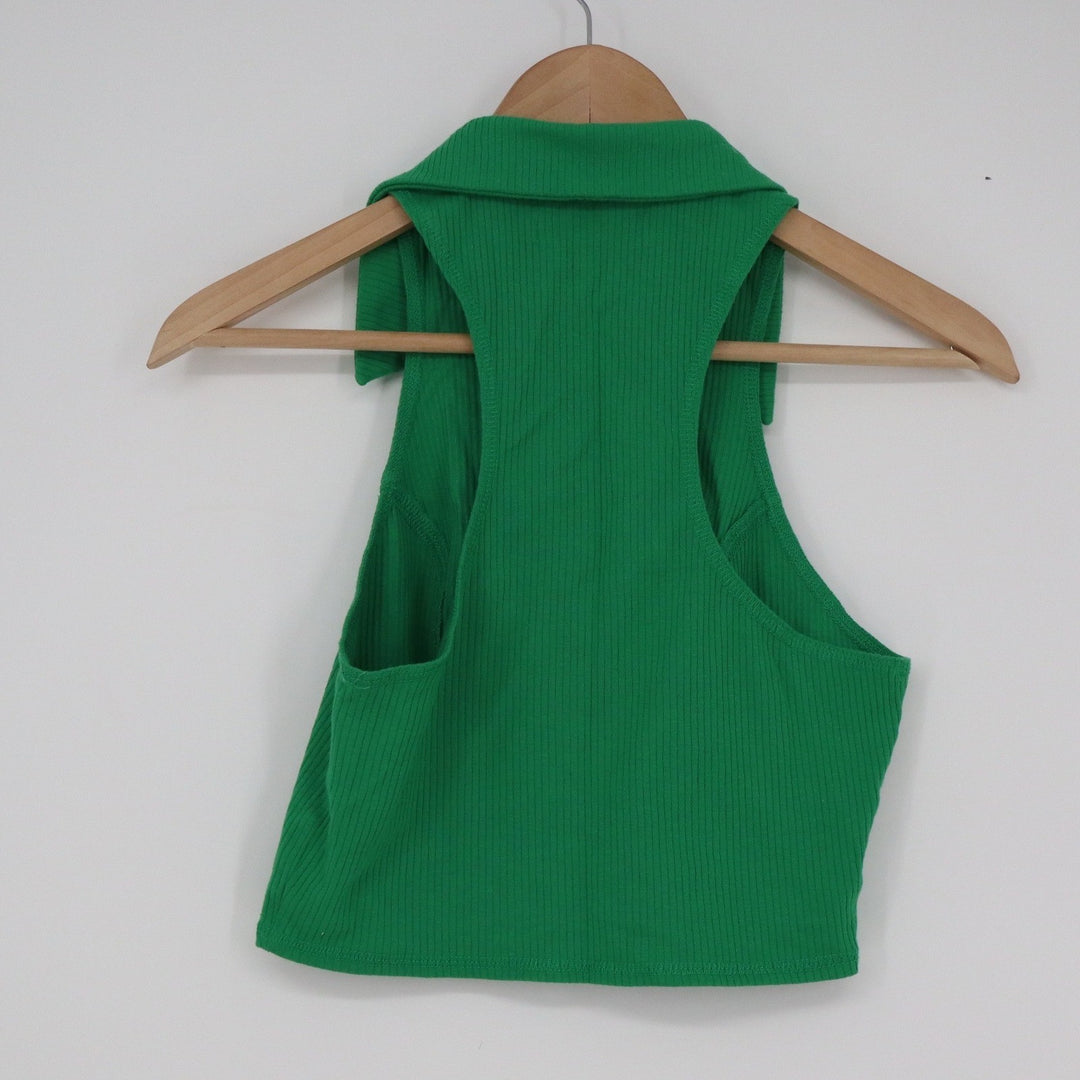 Urban Outfitters Green Ribbed Collared Button Down Halter Crop Top S