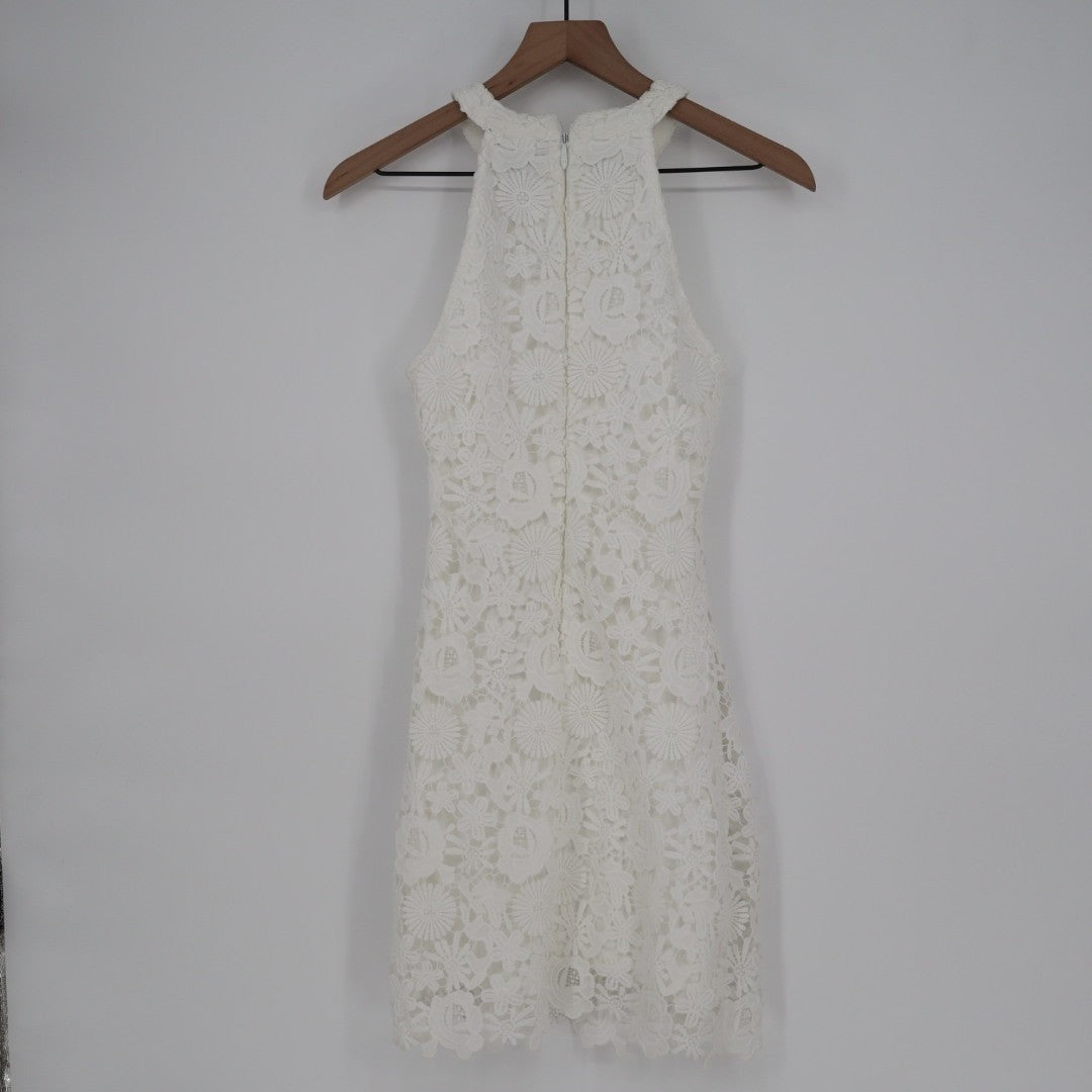Lulus Love Poem Lace Sheath Mini Dress Women XS Cream Floral Crochet Halter Neck
