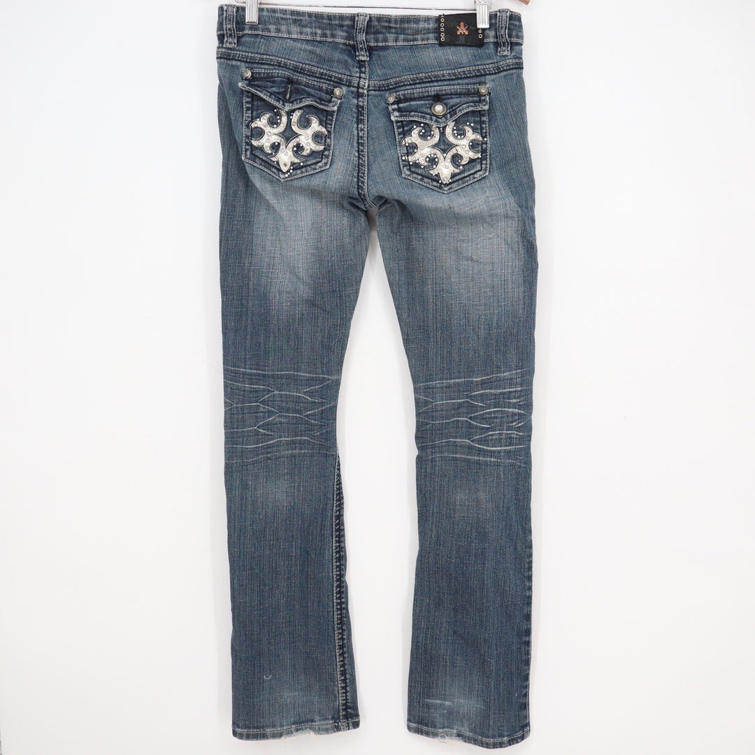Antique Rivet Womens 29 Embellished Bootcut Jeans Blue Distressed Y2K Rhinestone