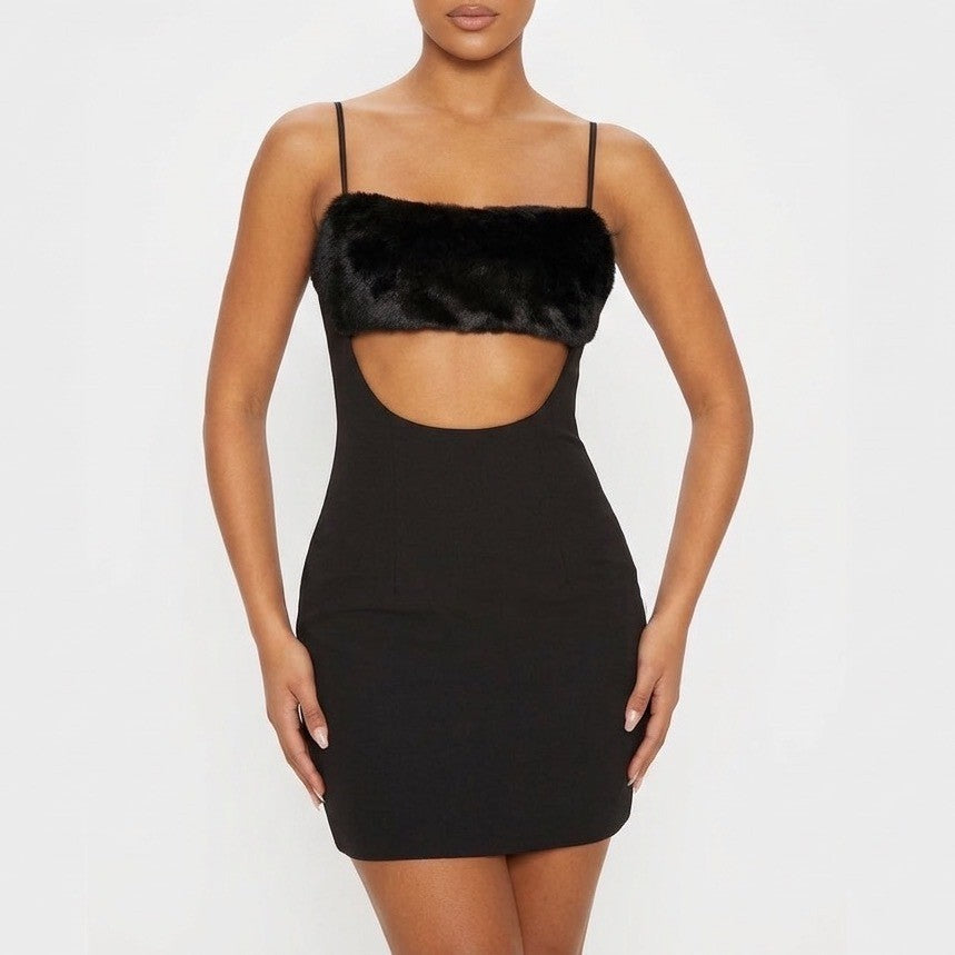 Naked Wardrobe Black Faux Fur Trim Cutout Mini Dress NWH19-D9 MN Womens Small