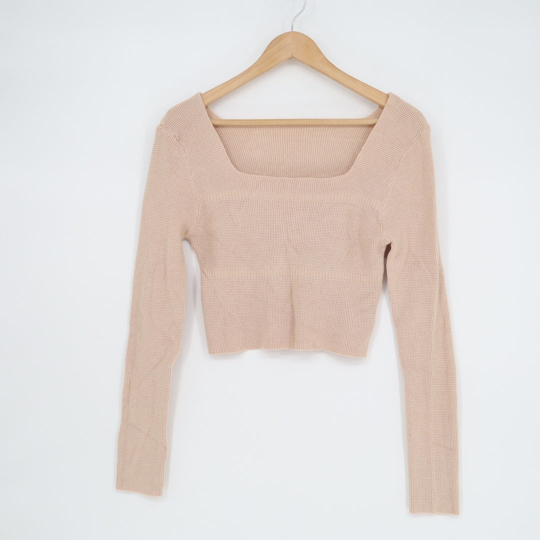Shein Cropped Sweater Womens Large Blush Waffle Knit Square Neck Long Sleeve