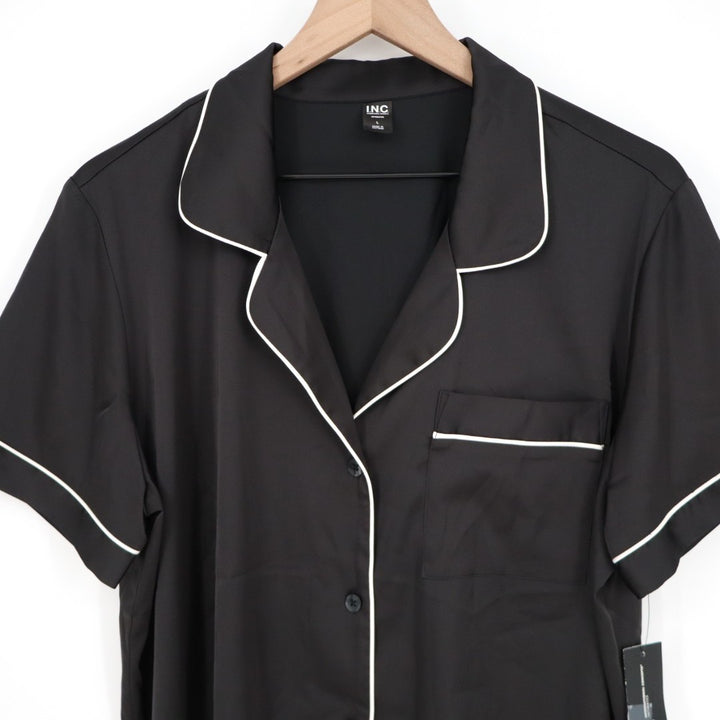 I.N.C International Concepts Intimates Pajama Shirt Womens L Black Notch Collar