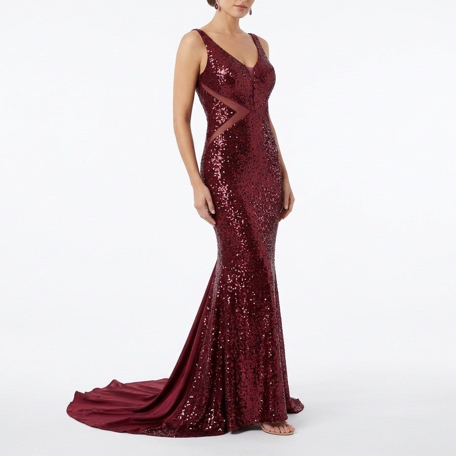 Platinum Maxi Long Dress Womens 14 Red Sequin Split Neck Backless Sleeveless