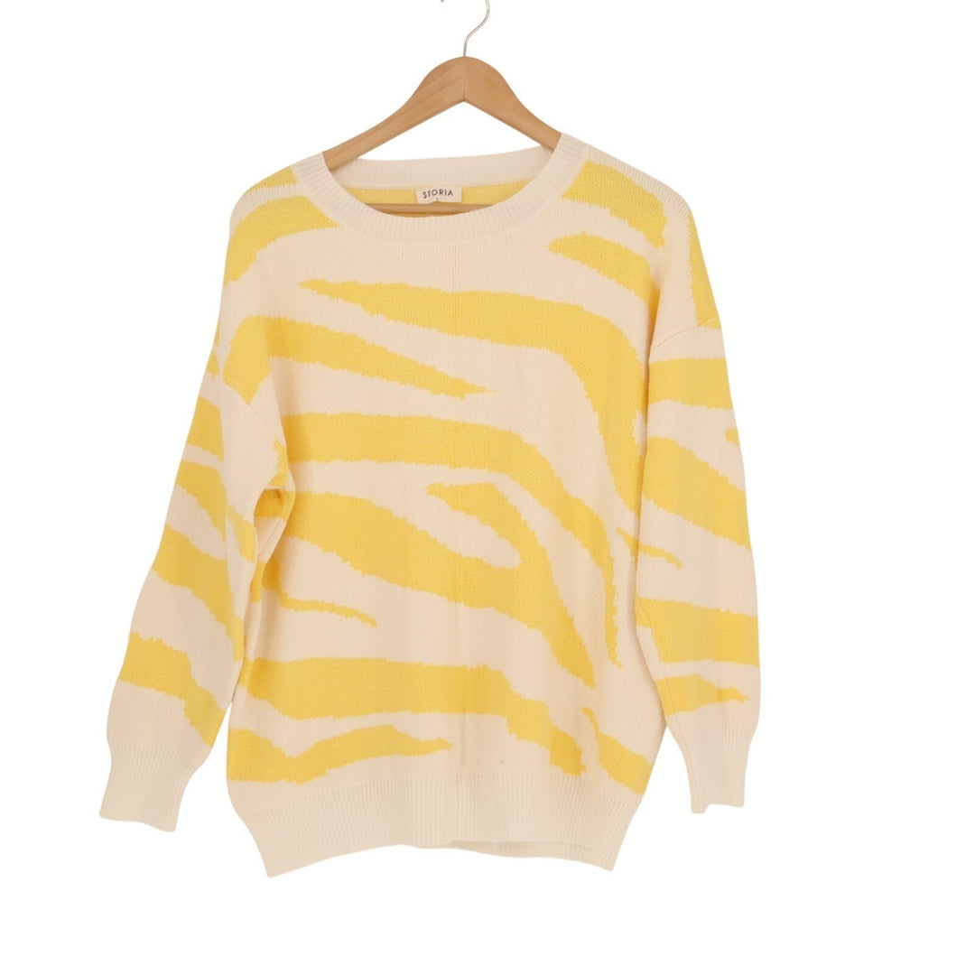 Storia Sweater Womens Large White Yellow Tiger Stripe Tight Knit Ribbed Winter