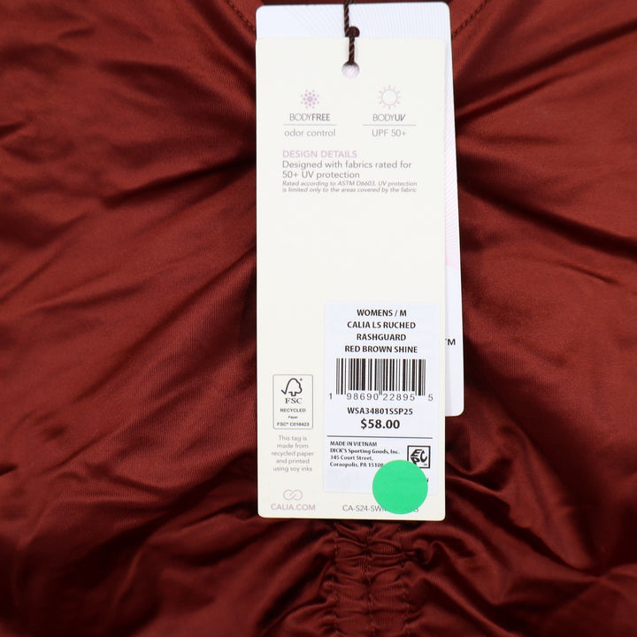 Calia Womens Ruched Rash Guard Red Brown Shine Long Sleeve Crop Top UPF 50+ M