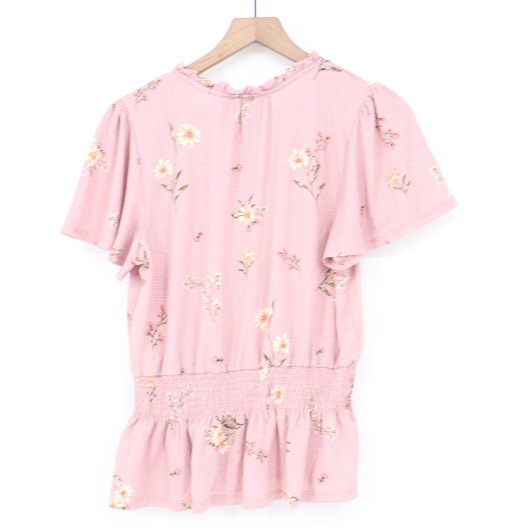 Meraki Pink Floral Smocked Peplum Top V-Neck Tie Flutter Sleeve L