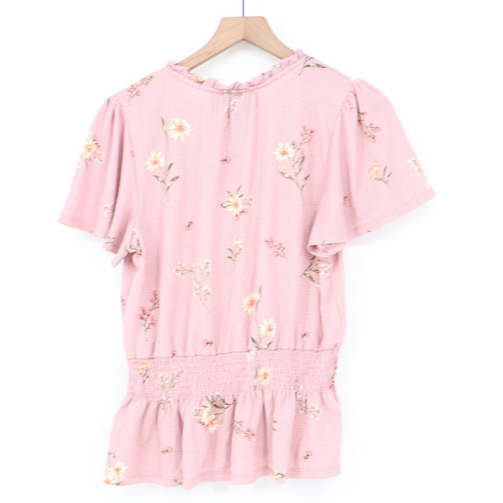 Meraki Pink Floral Smocked Peplum Top V-Neck Tie Flutter Sleeve L