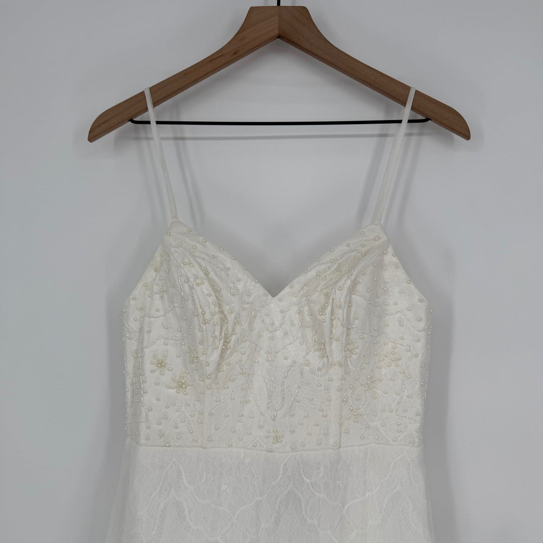 Lulus Love Perfection White Lace Tulle Pearl Beaded Maxi Dress Size M