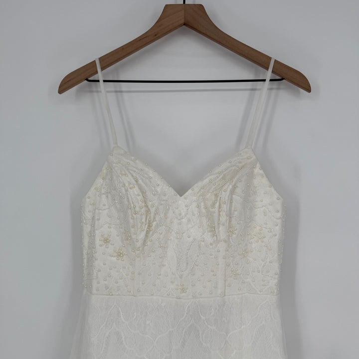 Lulus Love Perfection White Lace Tulle Pearl Beaded Maxi Dress Size M