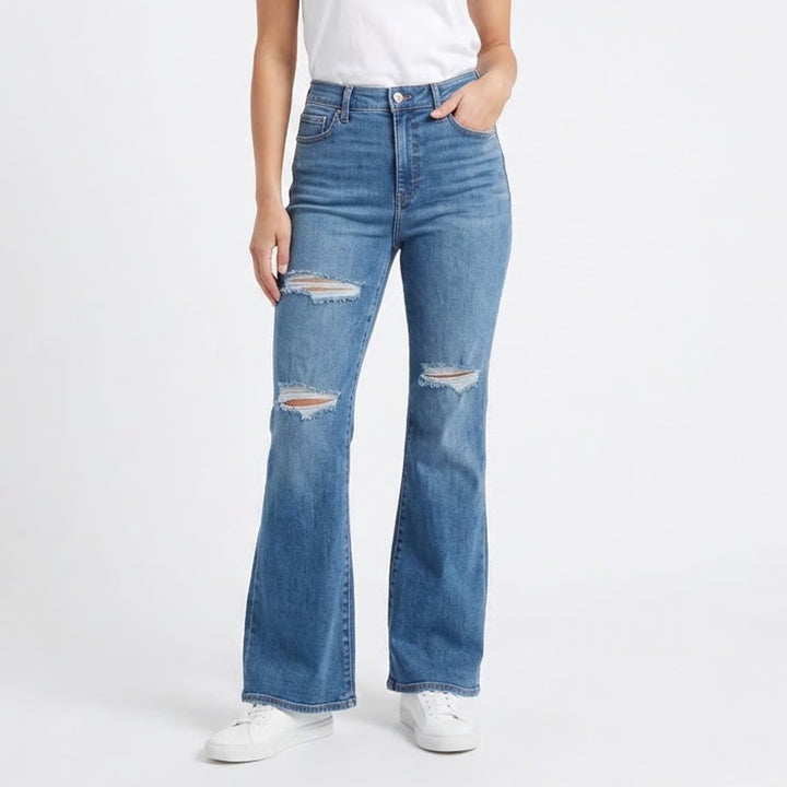 Express Women High Rise Flare Distressed Ripped Knee Jeans Medium Wash 12R