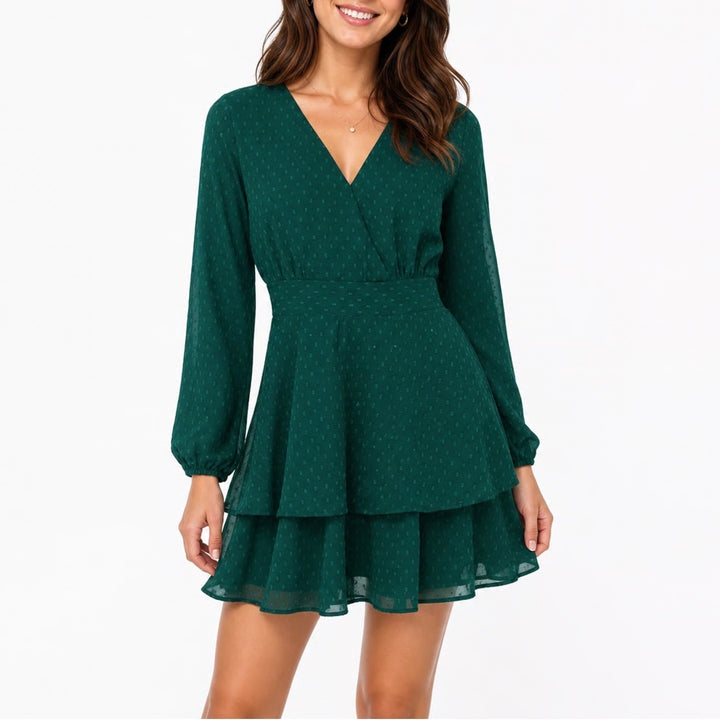 Japna Emerald Green Clip Dot Tiered Mini Dress V-Neck Long Sleeve L
