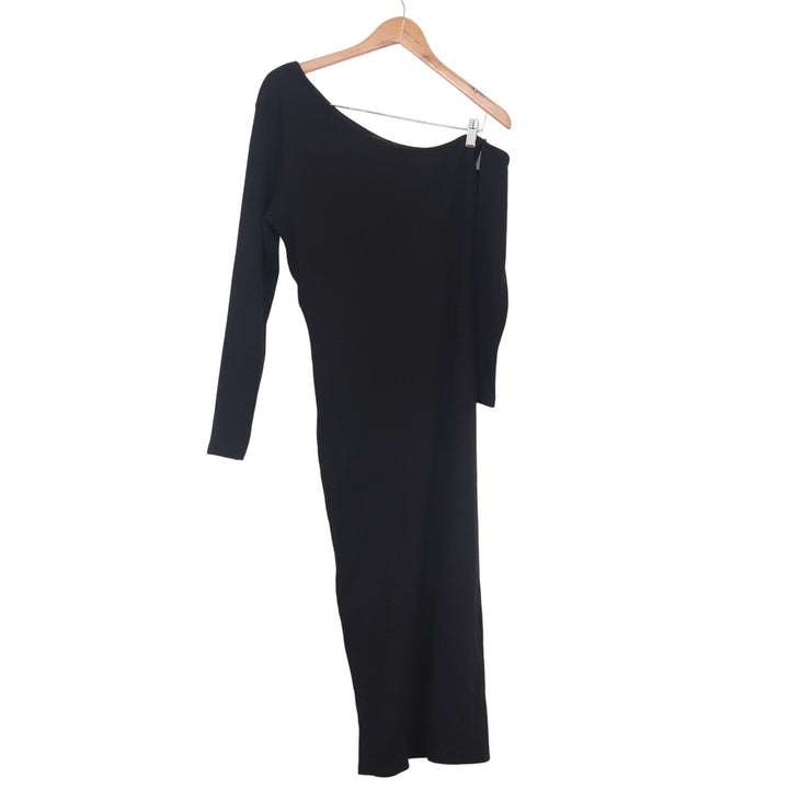 Boohoo Black Ribbed Asymmetric Split Midaxi Dress Long Sleeve Size 12