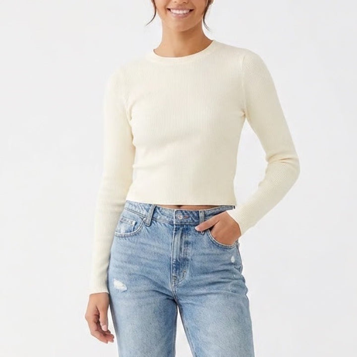 Old Navy Womens Seamless Ribbed Long Sleeve Crew Neck Top Cream Large