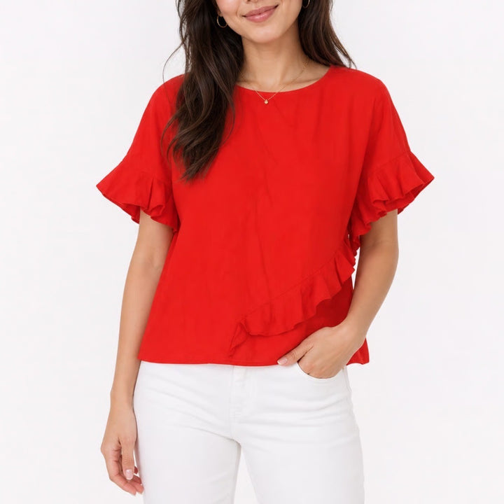 Calvin Klein Jeans Womens Red Ruffle Asymmetrical Short Sleeve Cotton Blouse M