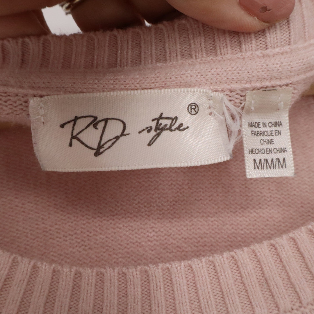 RD Style Womens Blush Pink Ribbed Shoulder Curved Hem Knit Sweater M