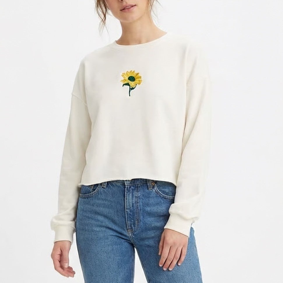 Shein Sweatshirt Womens Large White Sunflower Embroidered Drop Shoulder Pullover