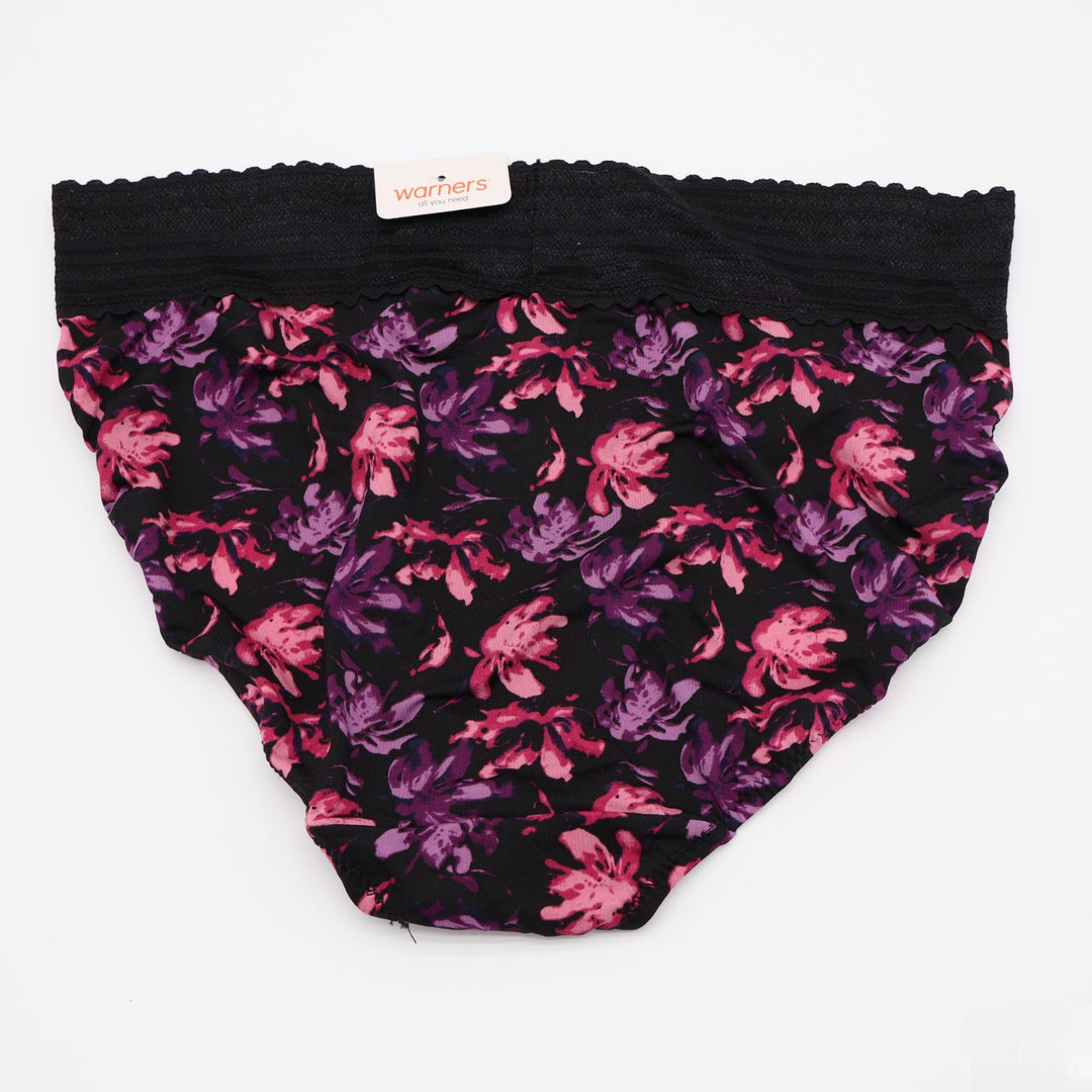 Warner's No Pinching. No Problems. Hi-Cut Brief Womens XL Black Floral Stretch