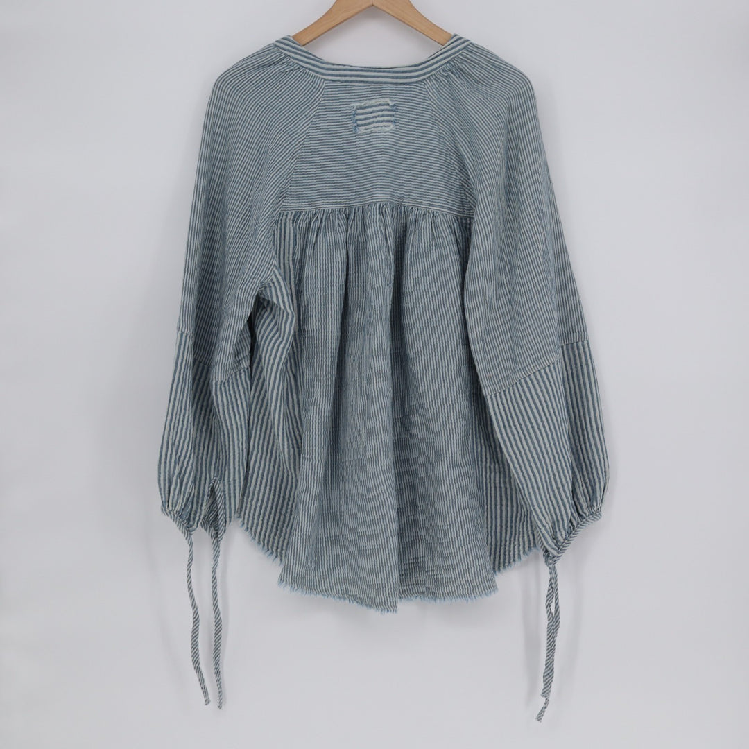 Aerie Daybreak Cover Up Shirt Women XS Blue White Striped Frayed Hem Puff Sleeve