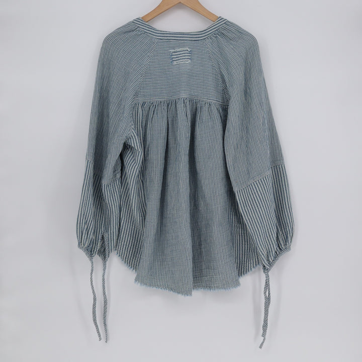 Aerie Daybreak Cover Up Shirt Women XS Blue White Striped Frayed Hem Puff Sleeve