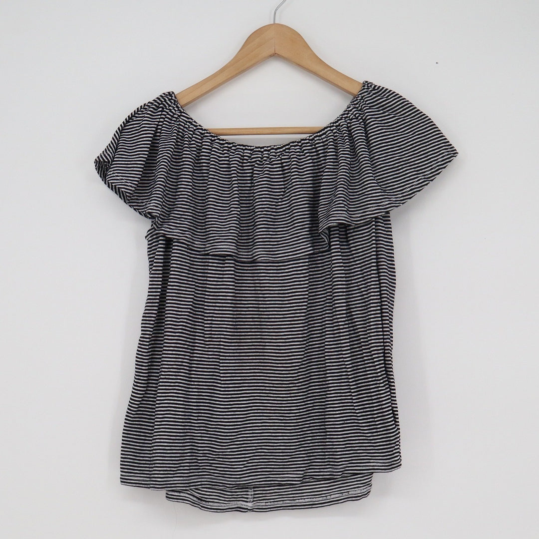 Mossimo Womens Striped Off the Shoulder Ruffle Top Black White Size M